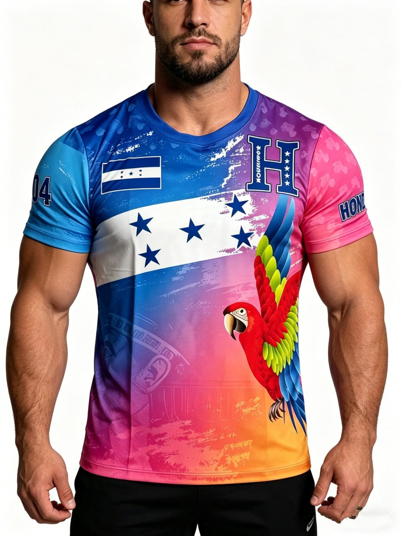 Honduras Blue Soccer Jersey, Patriotic Football Shirt with Flag & Parrot Pattern, Unisex Sports Clothing, Casual Fit, Short Sleeve
