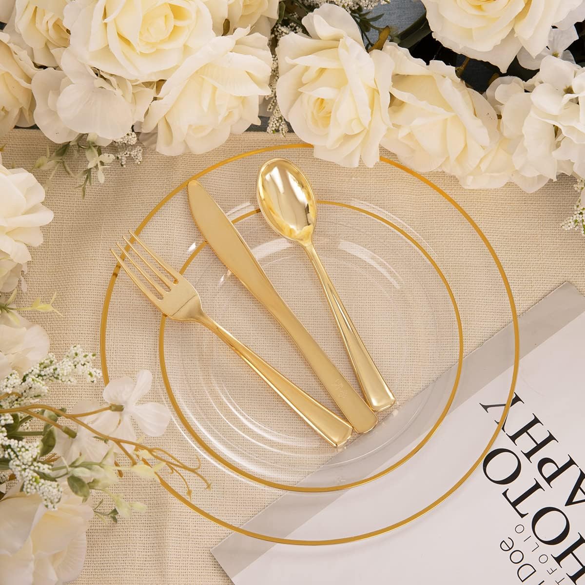 Clear/Gold/Silver/Rose Disposable Plates and Silverware Set: Dinner Plates,Dessert Plates, Cups, Knife, forks, spoons-Perfect for Party