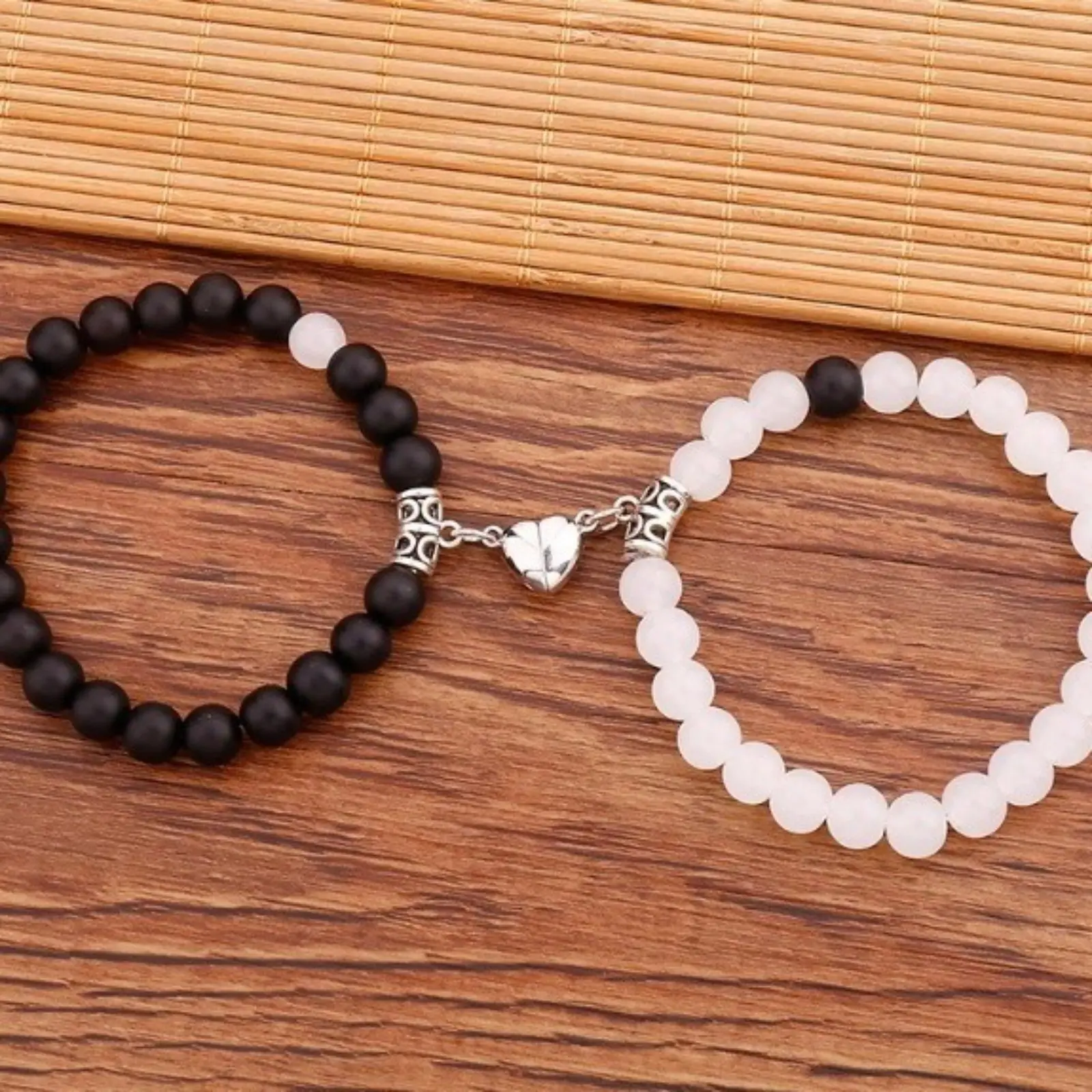 Unisex 2PCS Leather Magnetic Couple Distance Bracelet Matching Set - Heart Charm Beads, Yin Yang Stone, Magnetic Link, Relationships Jewelry Promise Gifts for Lovers, Matching Sets