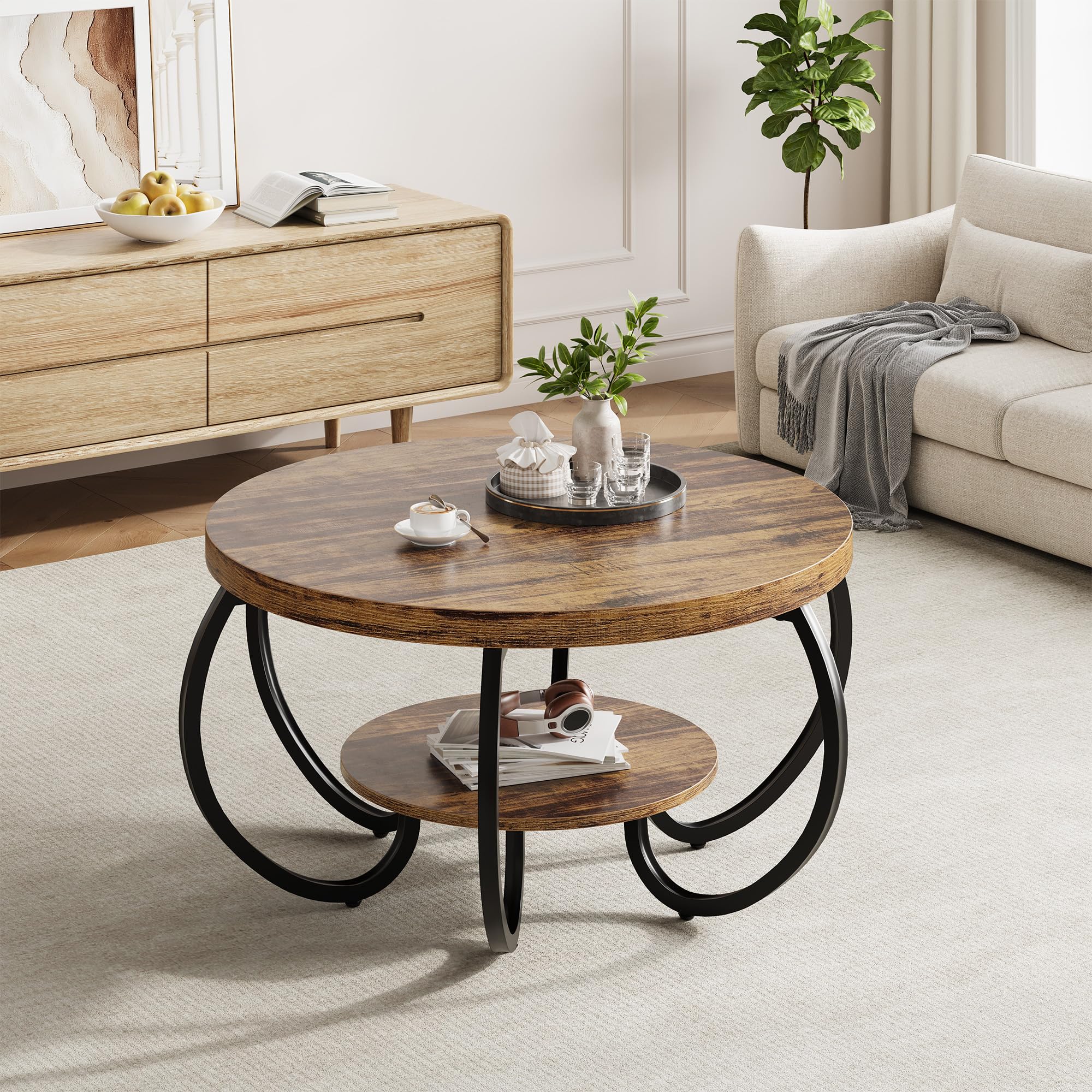 30 Inch Round Farmhouse Coffee Table with Storage Shelf, 2 Tier Rustic Wood Center Table with Curved Metal Legs, Compact Living Room Furniture for Small Spaces Apartments Office 30 Inch Round Farmhouse Coffee Table with Storage Shelf, 2 Tier Rustic Wood Center Table with Curved Metal Legs, Compact Living Room Furniture for Small Spaces Apartments Office