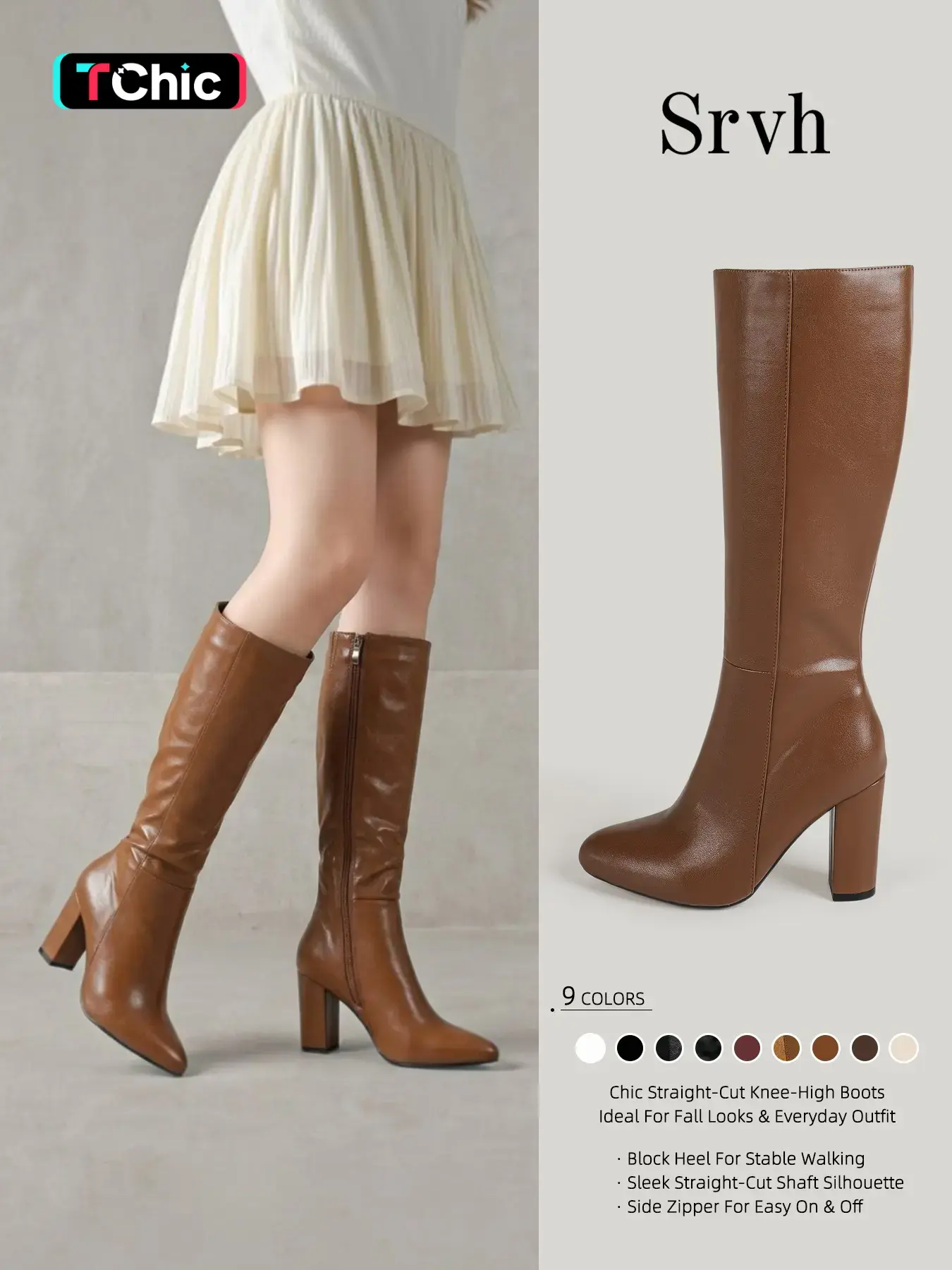 Women's Fashionable Solid Color Pointed Toe Boots with Zipper, Elegant Zipper Design Heeled Knee Boots for Daily Wear, Female All-match Trendy Shoes for Fall & Winter