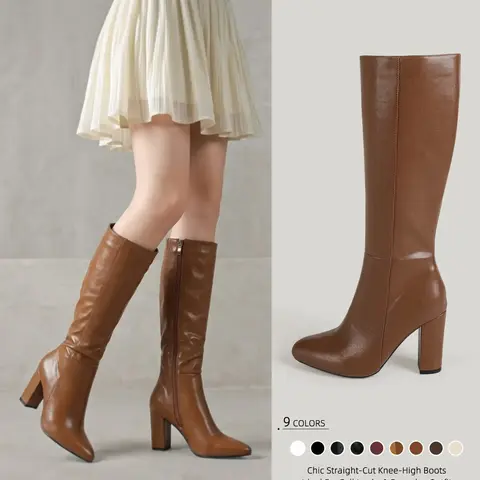 Women's Fashionable Solid Color Pointed Toe Boots with Zipper, Elegant Zipper Design Heeled Knee Boots for Daily Wear, Female All-match Trendy Shoes for Fall & Winter