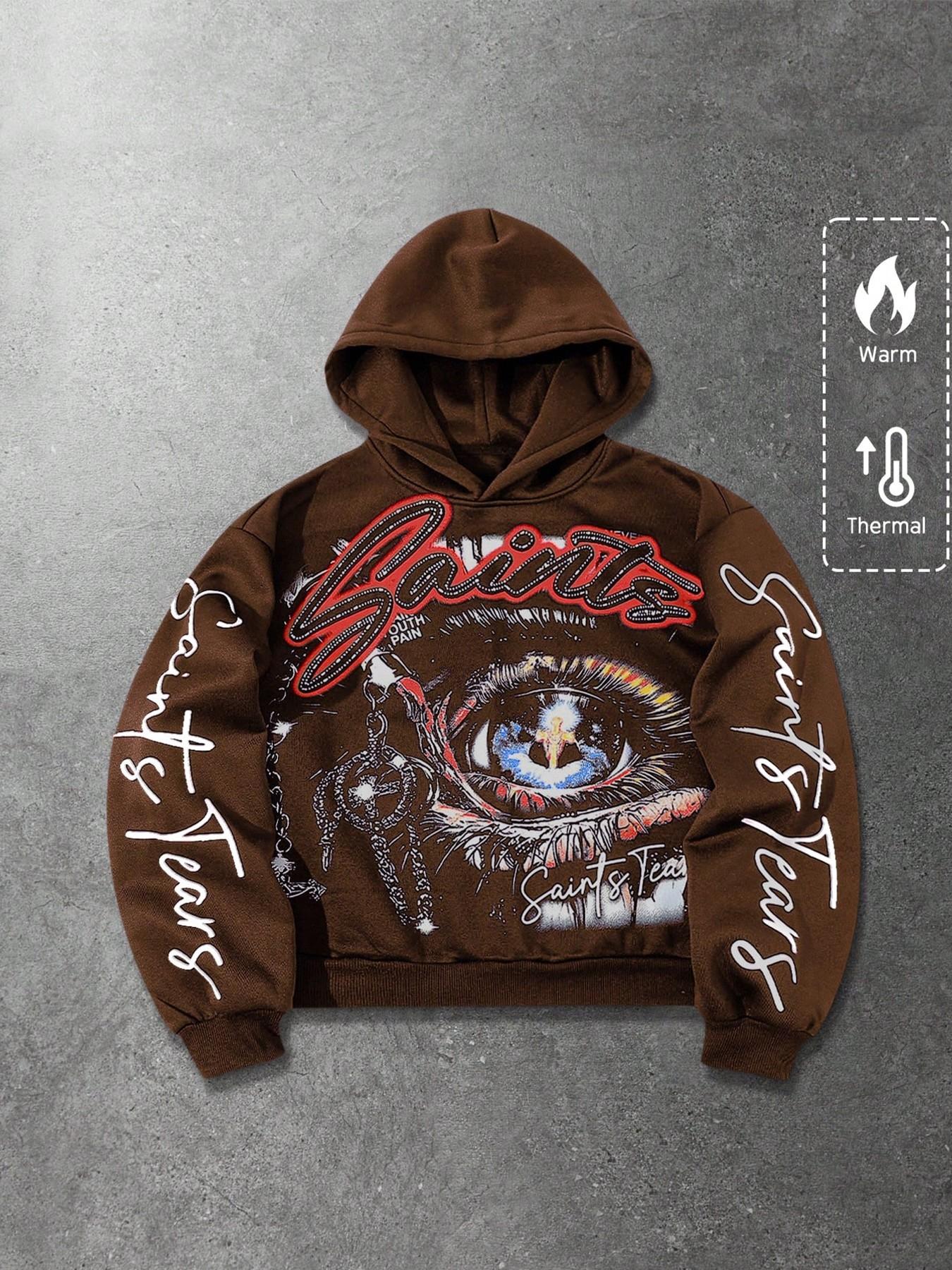 Men's Hooded Sweatshirt Autumn Winter Street Style American Fashion Eye Element English Pattern Print Short Hoodie Casual Streetwear Sweatshirt