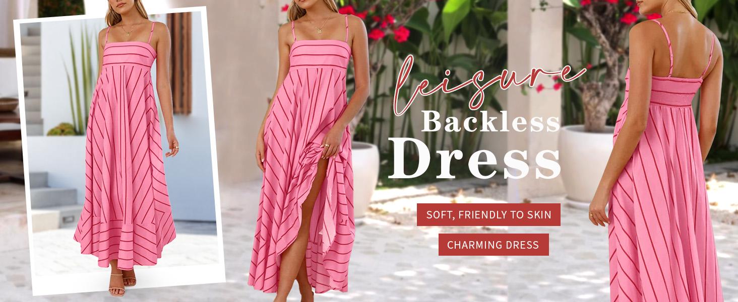 Chouyatou Women's Summer Sleeveless Spaghetti Strap Striped Maxi Dress Bohemian Style Elastic Back Design Flowing Beach Dress SpringStatements