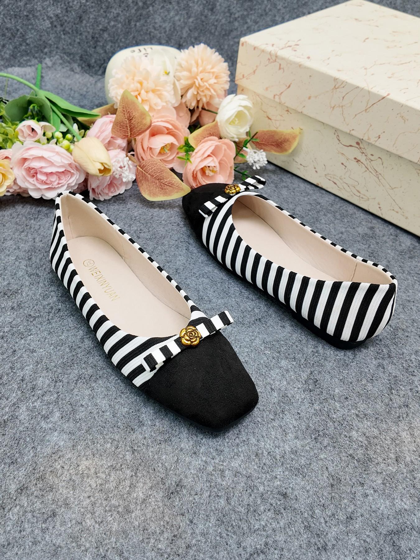Cute Striped Bow Flat Shoes, Camellia Decoration, Women's Comfortable Casual Shoes, Student Weekend