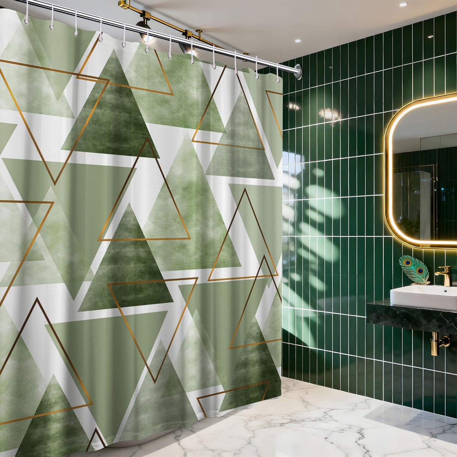 Sage Green and White Geometric Shower Curtain, Modern Olive Green Fabric Bathroom Decor, Includes Hooks for Shower, 1PC