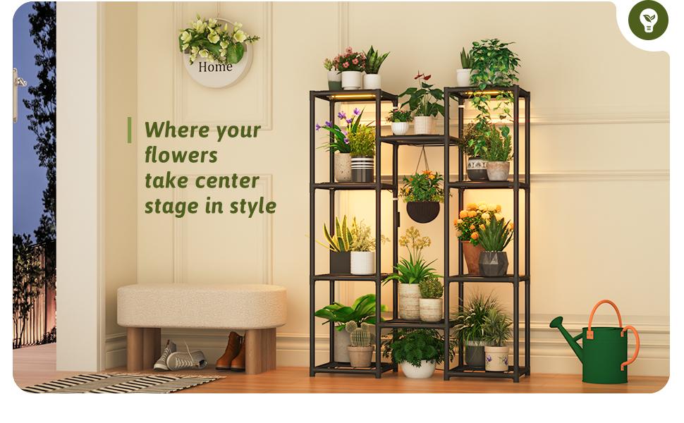 Plant Stand With Grow Lights Plant Stand Indoor Plant Shelf Metal Plant Rack Plant Holder Flower Pot Stand for Multiple Plants for Living Room Patio Balcony Garden Porch Black