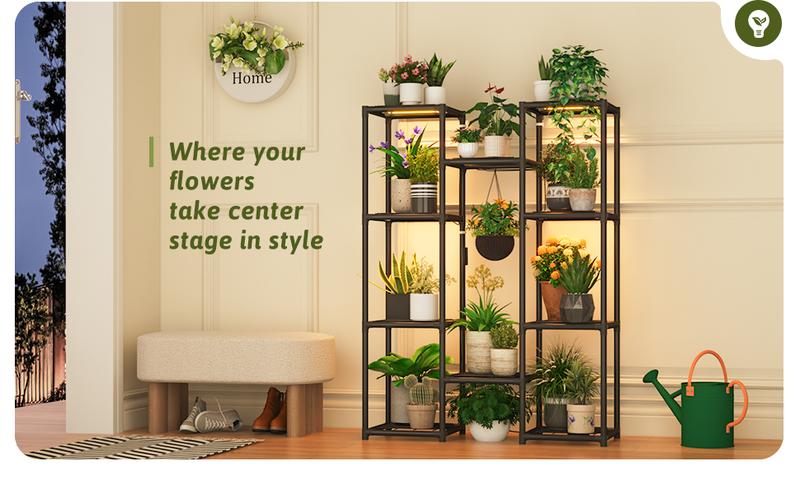 Plant Stand With Grow Lights Plant Stand Indoor Plant Shelf Metal Plant Rack Plant Holder Flower Pot Stand for Multiple Plants for Living Room Patio Balcony Garden Porch Black