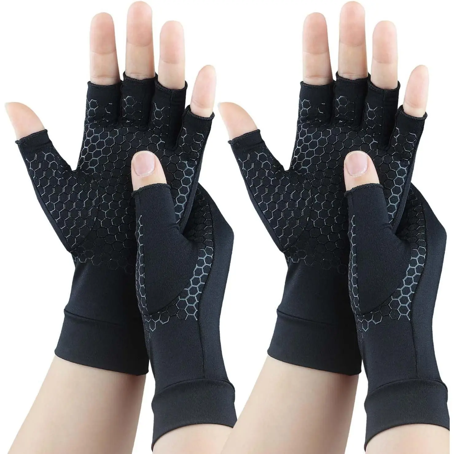 2 Pairs Copper Arthritis Compression Gloves for Carpal Tunnel Pain Relief, Alleviate Hand Pain Swelling, Fingerless Typing Gloves for Rheumatoid Tendonitis Women & Men (Small)