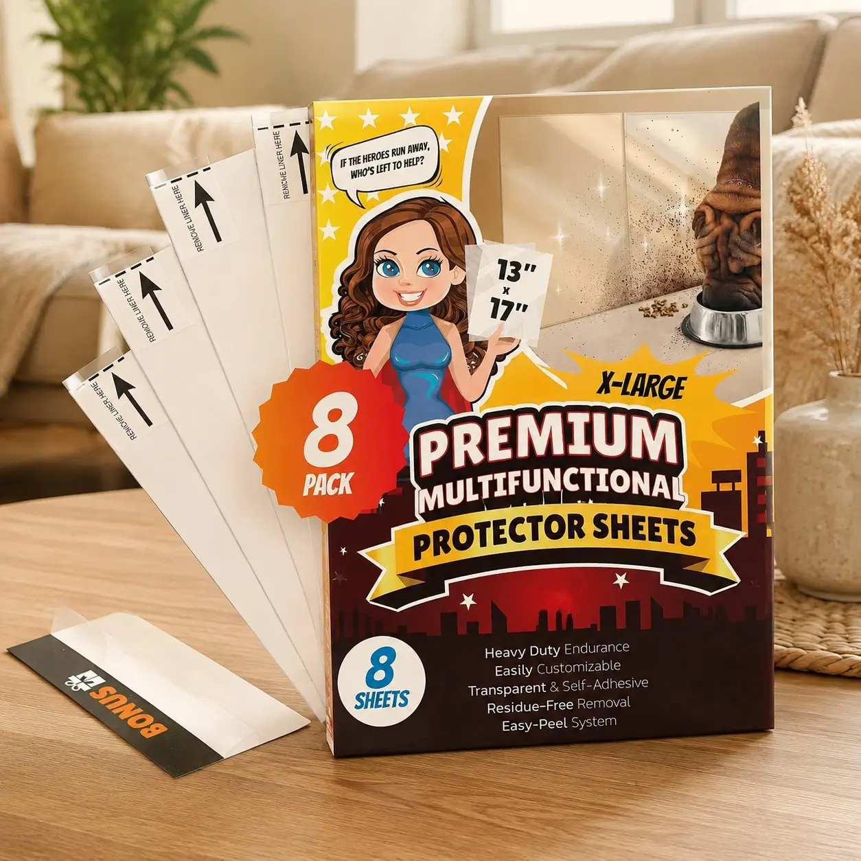 8-Pack Clear Wall & Door Protector from Dog Scratching - Anti Cat Couch Guard Plastic Sheets, Furniture Self-Adhesive Removable Sticky Tape, Transparent Thick Sofa Scratch Deterrent Frame Cover FilmGift