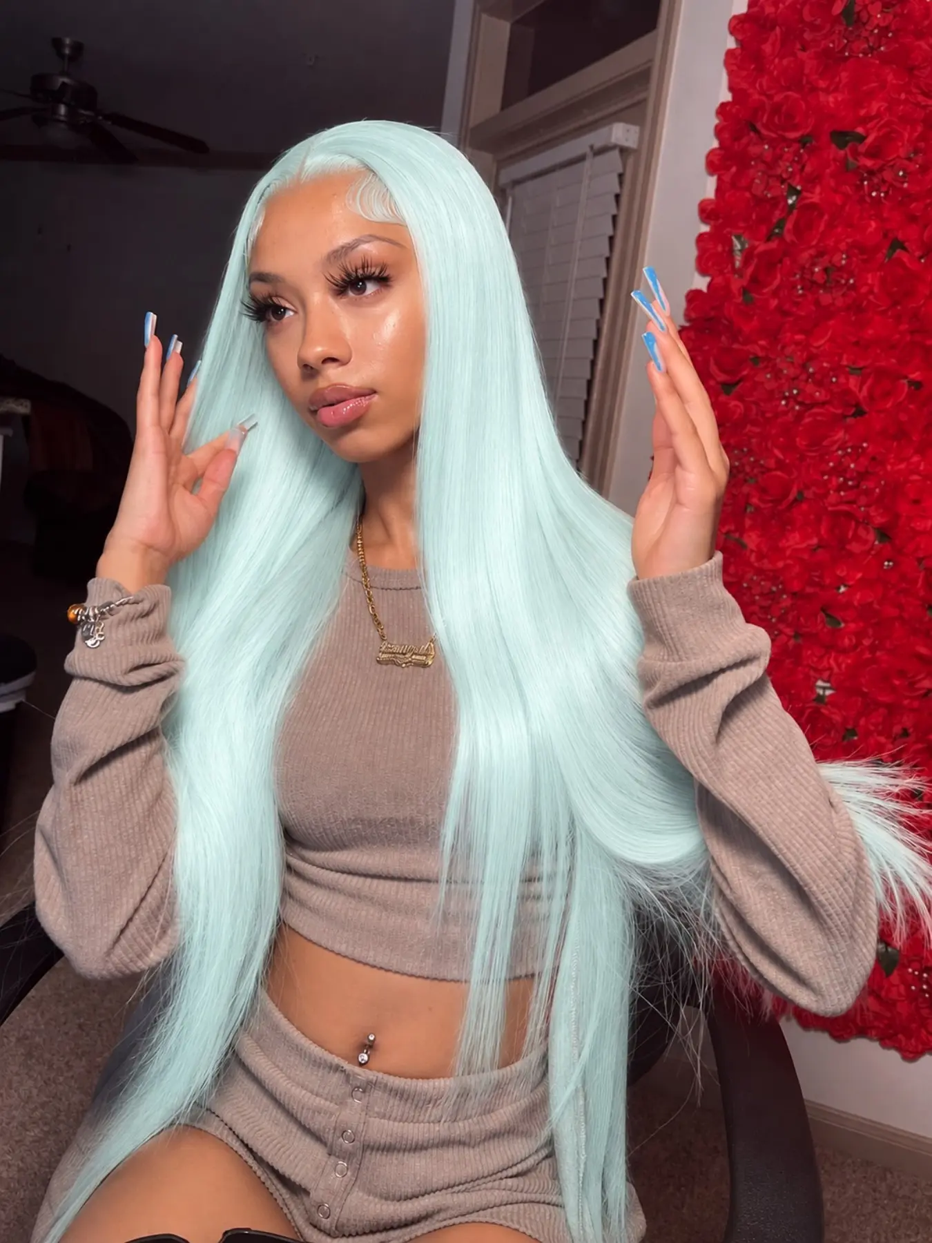 mint green Lace Front Wig, Long Straight Lace Wigs, 180 Density, Pre Plucked, Heat Resistant, 28 Inch, Fashionable for Women, Lace Front Synthetic