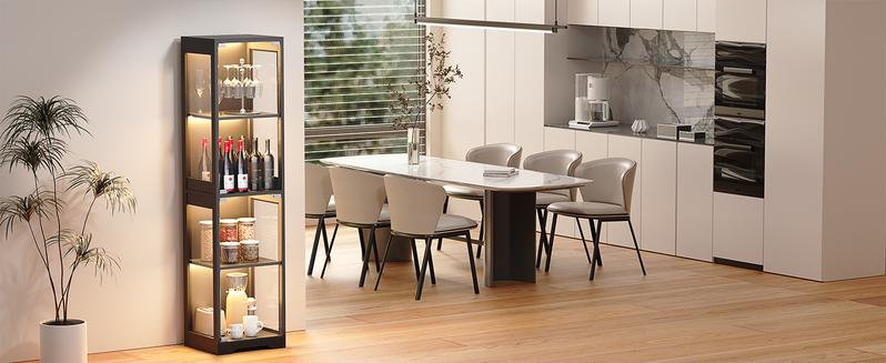 BROTTAR Display Cabinet with Glass Doors, 4-Tier Display Case with 3 Color Lights for Collectibles, Display Shelves with Human Body Sensor, Black