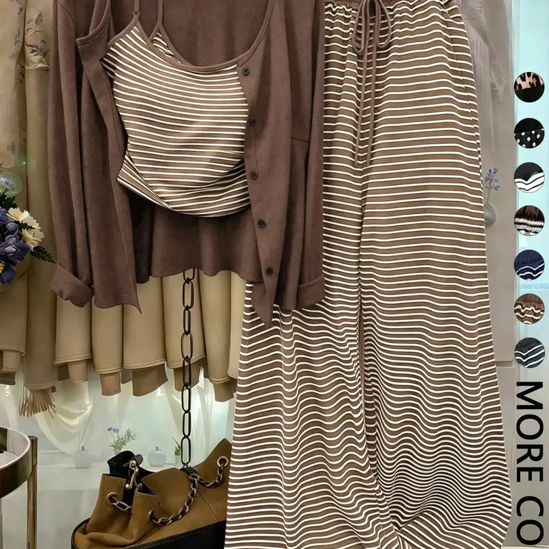 Women's Plain Knit Cardigan Set, Button Front Design, Striped Tank Top, Loose Leg Pants, Elegant Casual Style, Fall & Winter Wear