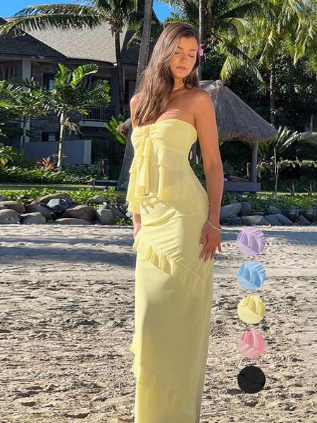 Women's Solid Blackless Tube Top & Bodycon Skirt Set, Casual Fashion Cozy Two-piece Outfits for Daily Holiday Vacation Wear, Ladies Clothes for Summer Easter