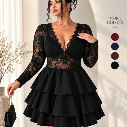 Large-size women's pure black sexy short dress, lace-up deep V sheer floral lace long sleeves,  ruffled cake-style short skirt, loose A-line skirt to hide hips, , bid farewell to bulkiness, perfect for parties and photos, ideal for daily dates.