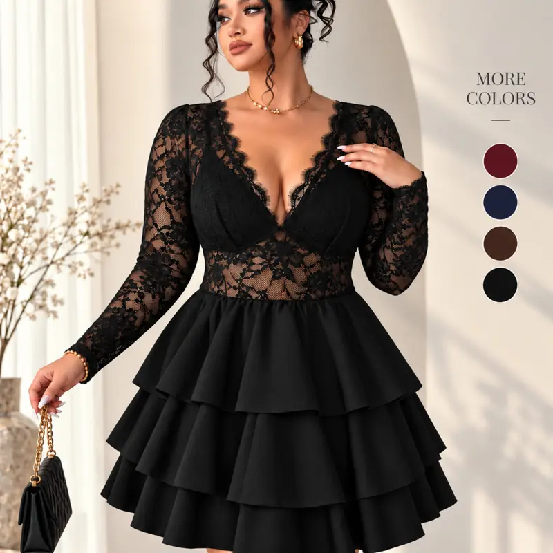 Large-size women's pure black sexy short dress, lace-up deep V sheer floral lace long sleeves,  ruffled cake-style short skirt, loose A-line skirt to hide hips, , bid farewell to bulkiness, perfect for parties and photos, ideal for daily dates.