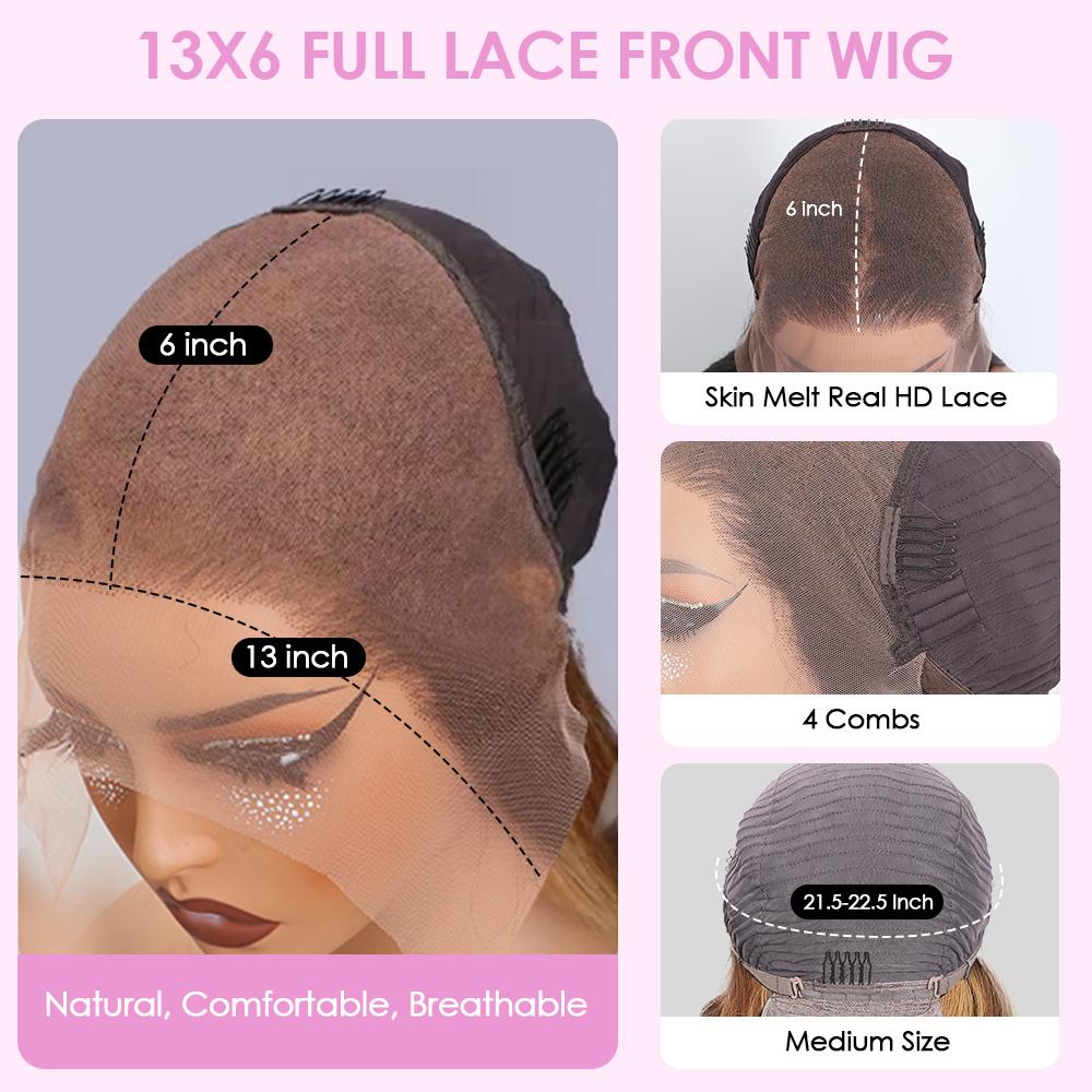 Pizazz Hair 220% Density 13x6 Highlight Body Wave Full Lace Front Wigs Human Hair Pre Plucked 4/27 Honey Blonde HD Transparent Lace Front Wig Human Hair Pre Bleached Wig For Women