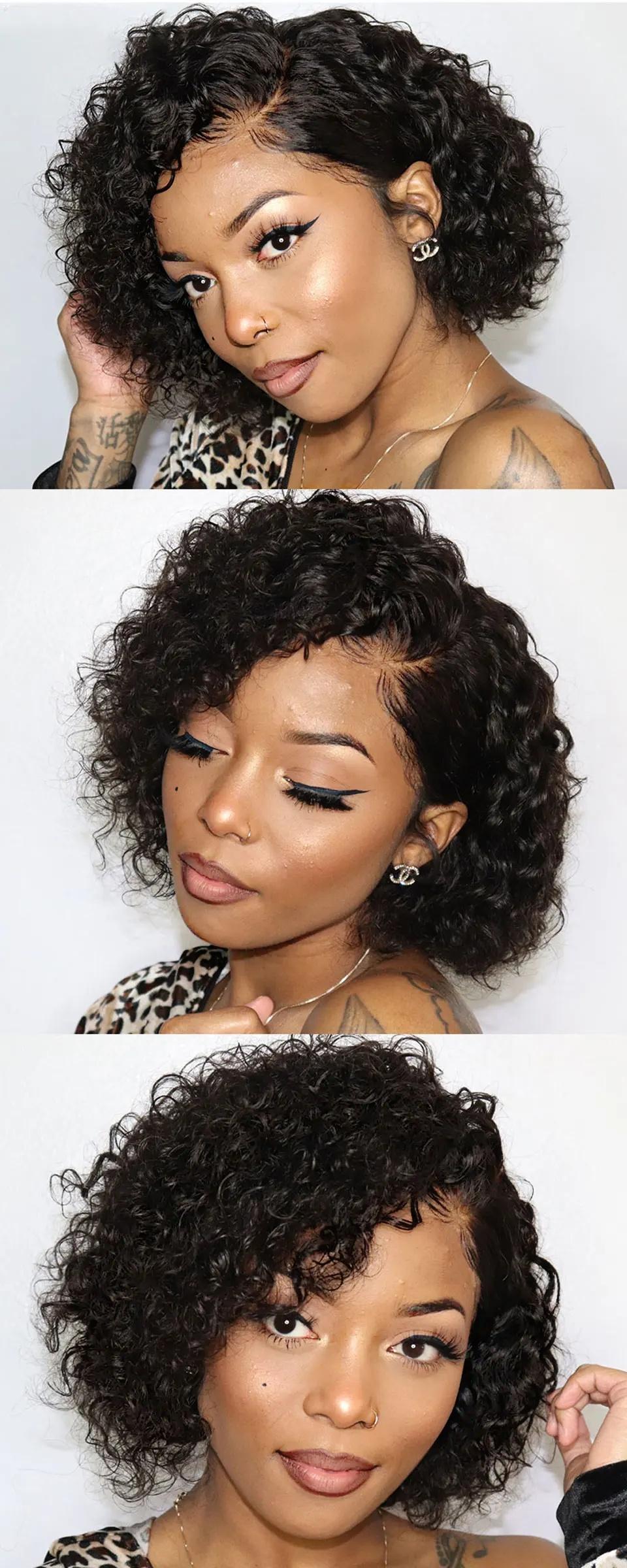 Short Bob Wig Pixie Cut Curly Human Hair Wigs For Women Black Color 13x1 T part lace closure Deep Wave Lace Wig Preplucked Hair