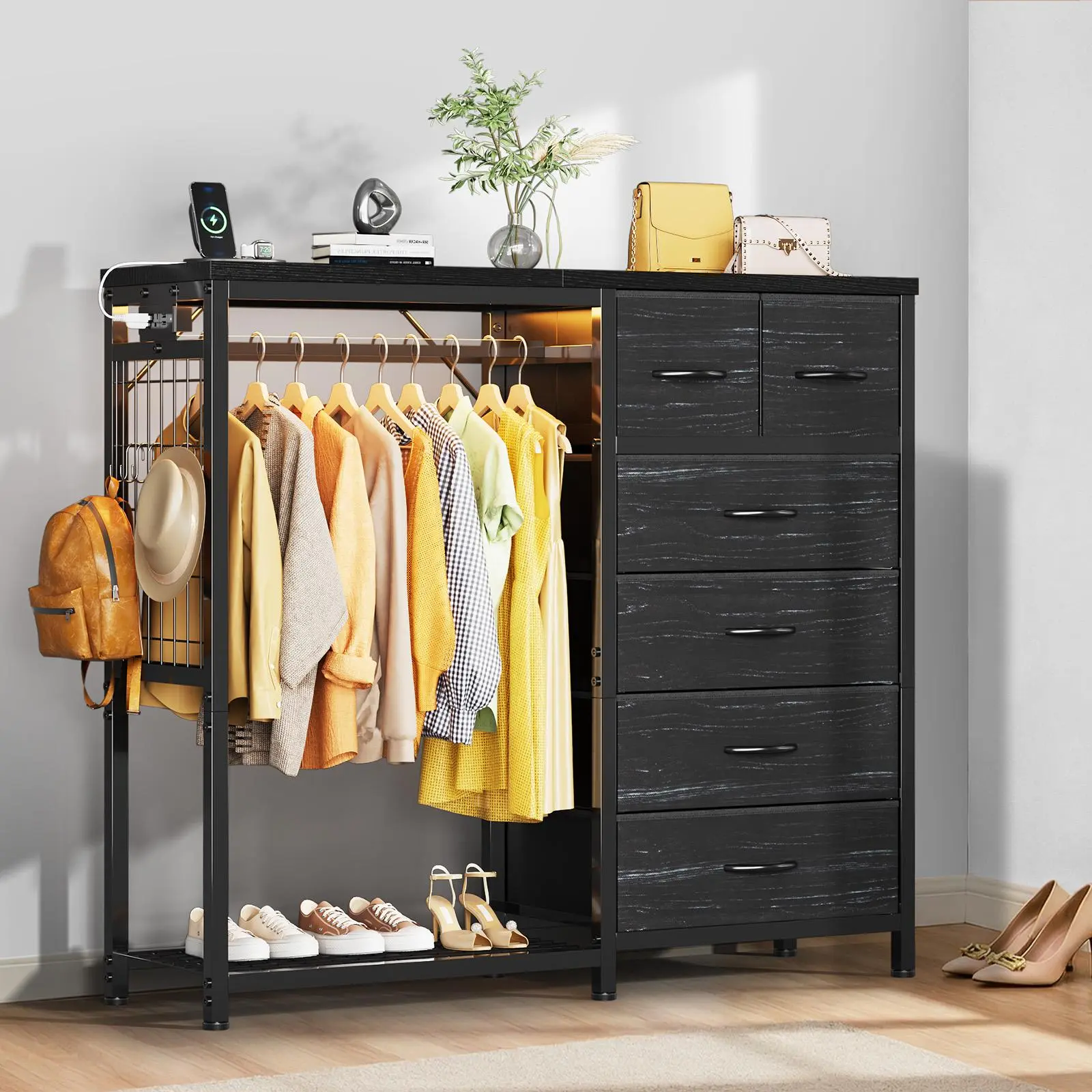 Heavy Duty Fabric Dresser with 6 Drawers and Hanging Rail - Sturdy Metal Frame, Multi-Functional Wardrobe Shelf, Space-Saving Indoor Furniture Storage Organizer