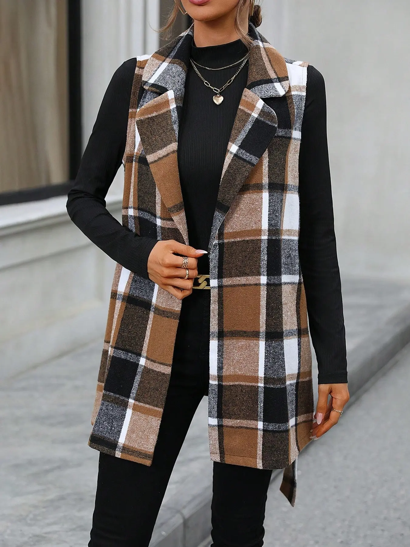 Elegant Women's Vintage Plaid Waistcoat, Sleeveless Jacket with Collar and Matching Belt, Spring & Fall Casual for Daily Wear, Chic Elegant Vest