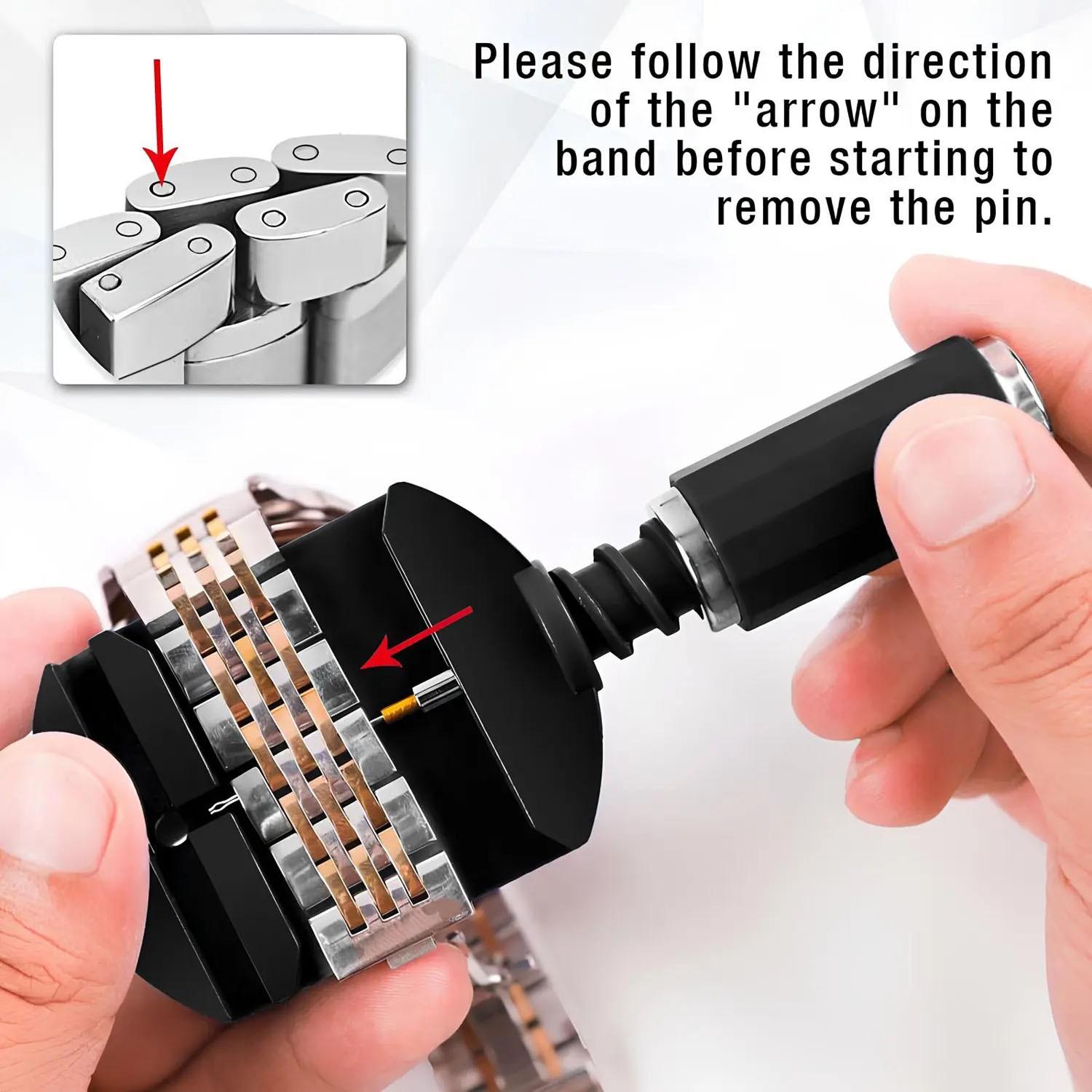 Watch Link Removal Tool Set, Bracelet Adjustment Tools, Band Size Adjuster, Watch Repair Hammer, Strap Adjuster, Watch Repair Toolkit, User Manual Included