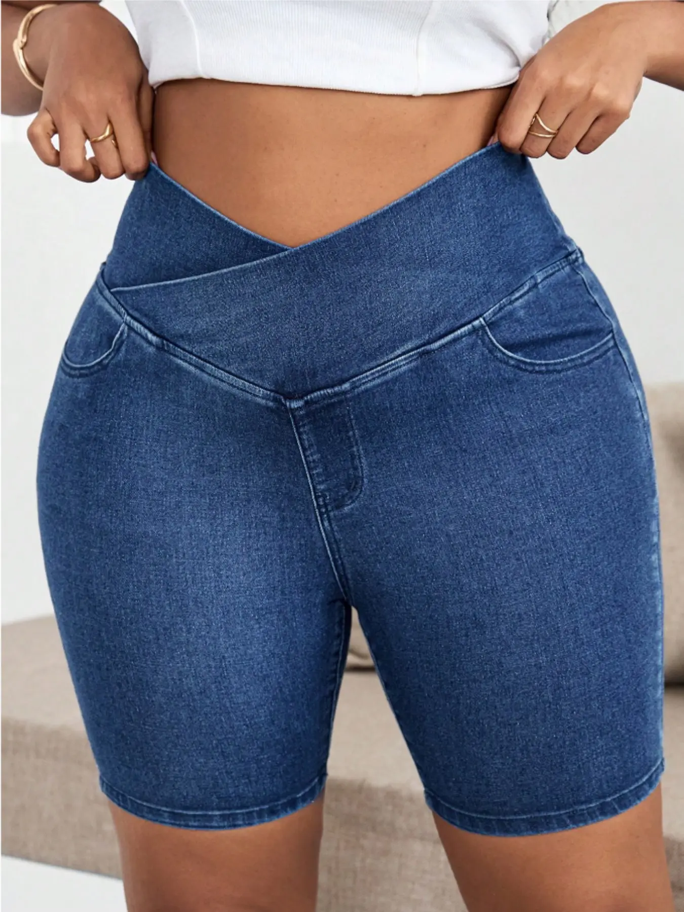 Women's Cross V High-Waisted Stretch Denim Shorts, Dark Wash Tummy Control Butt Lifting Shaping Pants, Loose-Fitting Casual Jeans