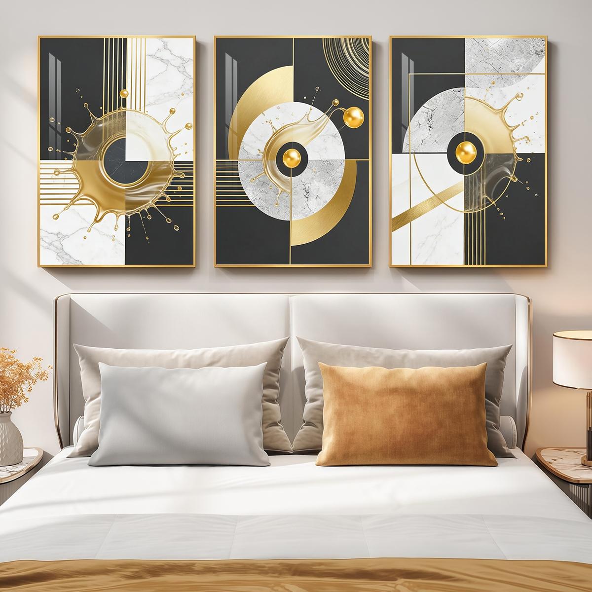 3 Counts Aluminum Alloy Framed Painting, Abstract Golden Splash Geometric Art Pictures, Home Decoration For Living Room, Bedroom, Office, Restaurant, Hallway Wall Decor, Odorless Print Artwork, Luxury Perfect Gift For Friends And Family