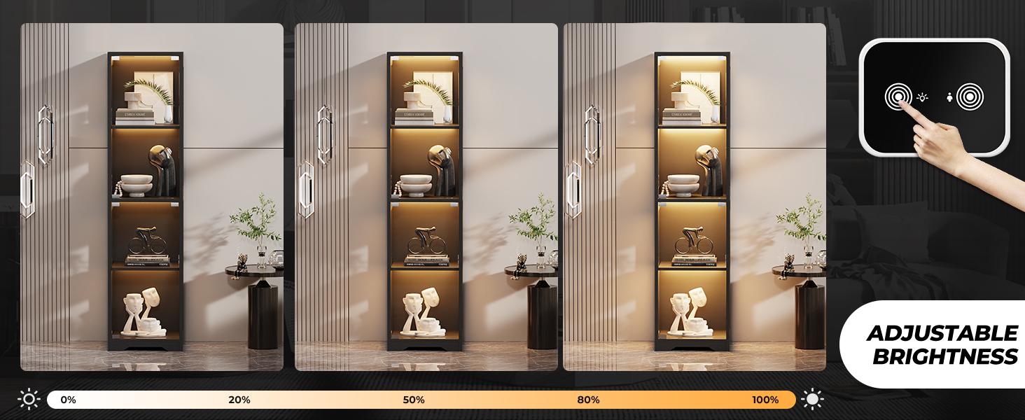 MIIFUNY Display Cabinet with Glass Doors, 4-Tier Display Case with 3 Color Lights for Collectibles, Display Shelves with Human Body Sensor, Black