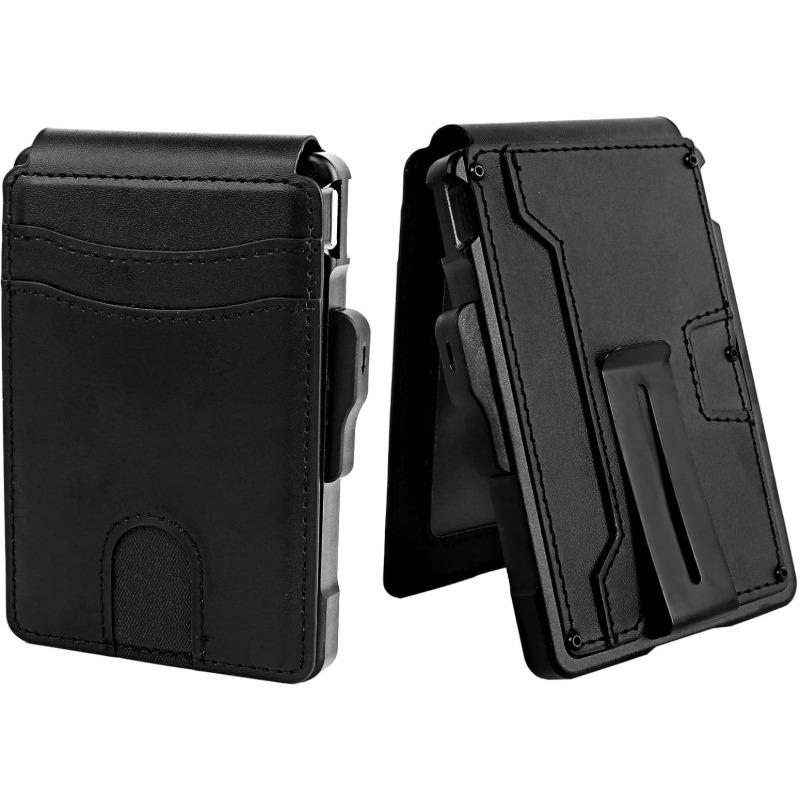 Slim AirTag Wallet for Men - Pop-Up Aluminum Case, RFID Blocking Leather Bifold with Money Clip & Card Slots, Includes Gift Box,No Airtag Included,Carbon Black