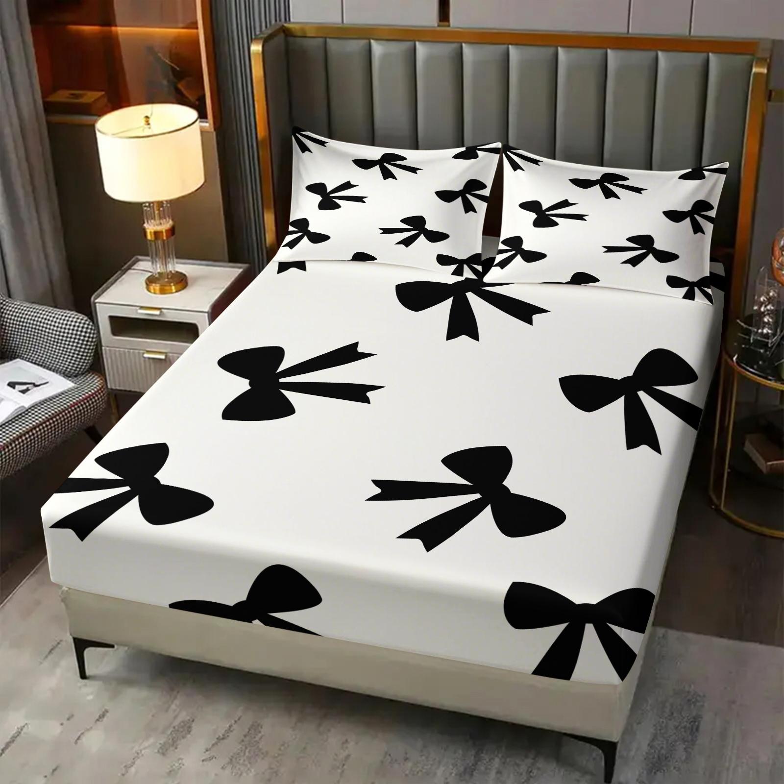 3Pcs Minimalist Bow Print Fitted Sheet Set, Cute Heart-Accented Bed Sheets for Bedroom, Warm Gift for Girls and Women