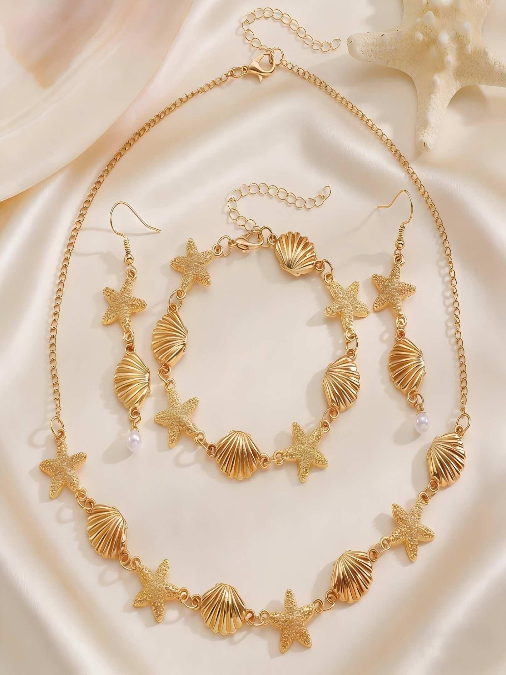 Starfish Conch Jewelry Set, Fashionable Women's Bohemian Party Accessories, Adjustable Vacation Decorations
