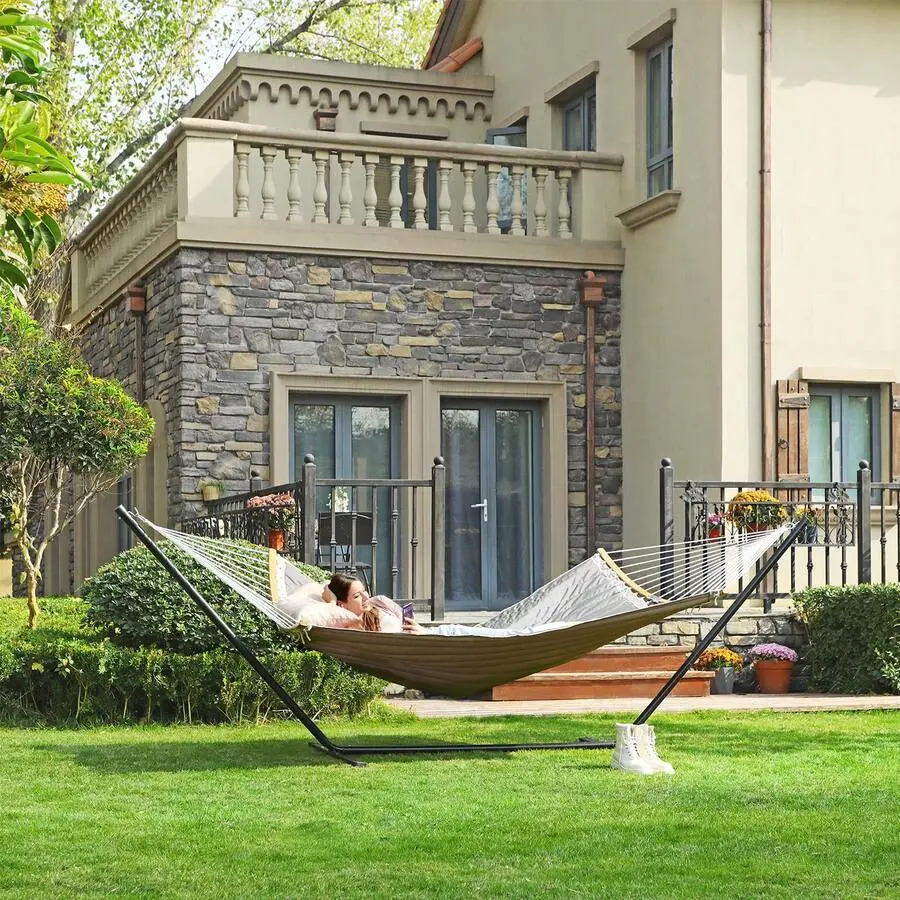 Red Quilted Double Hammock With Padded Pillow, 495 Lb Capacity Portable Bamboo Spreader Bar Hammock For Garden Patio Camping Outdoor Relaxation