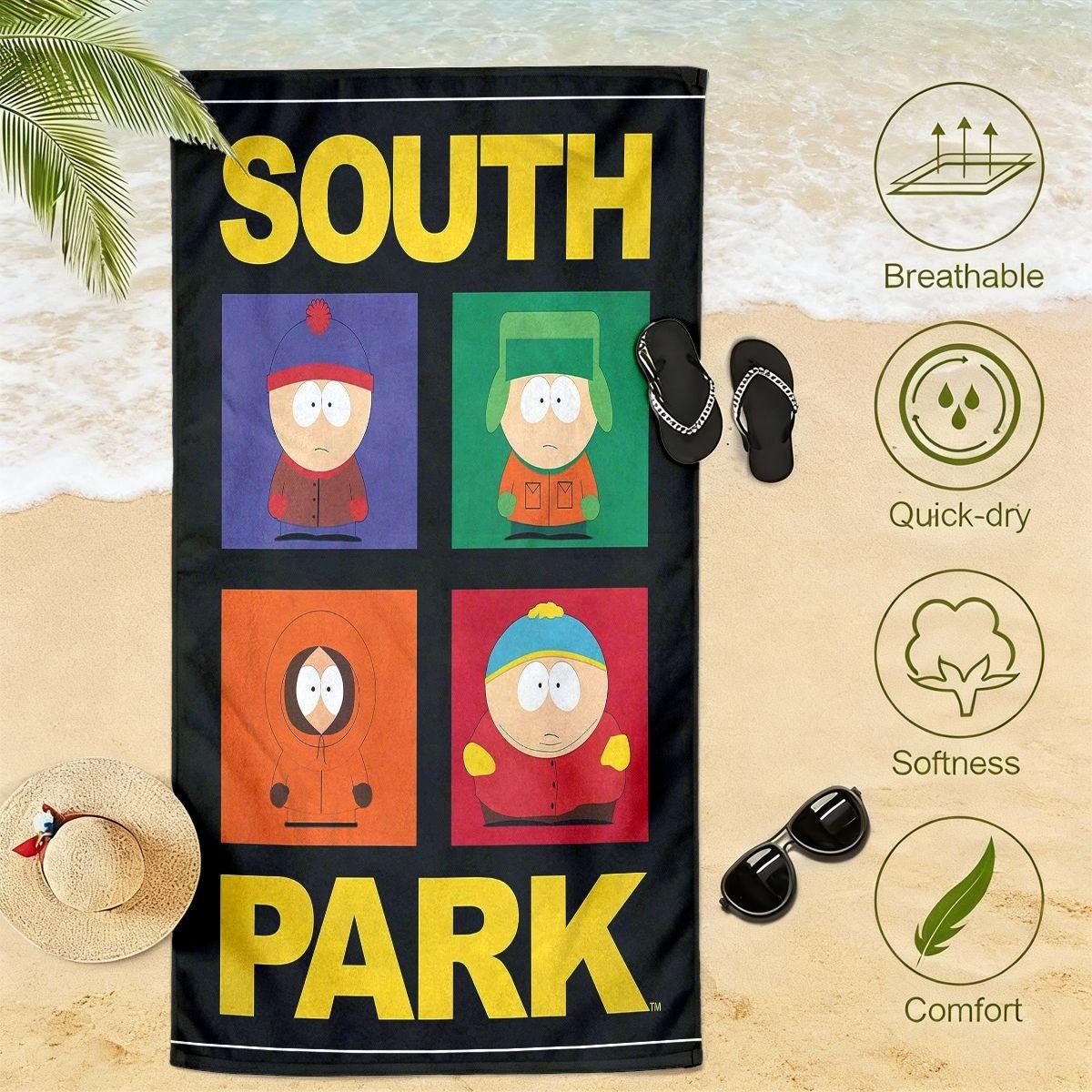 Southern Park Character Beach Towel, Quick-Dry Polyester, Sand-Resistant, Sunscreen, Large Bath Sheet, Surfing, Swimming, Yoga Essential