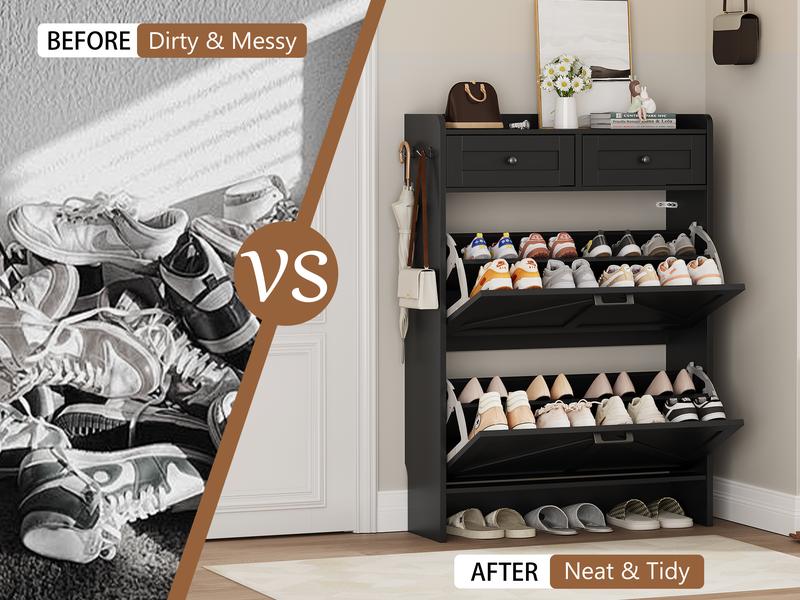 Shoe Storage Cabinet for Entryway, Farmhouse Wide Shoe Cabinet with 4 Flip Drawers and 2 Top Drawers, Freestanding Organizer with Adjustable Shelves, Hooks, and Anti-Tip Kit for Hallway
