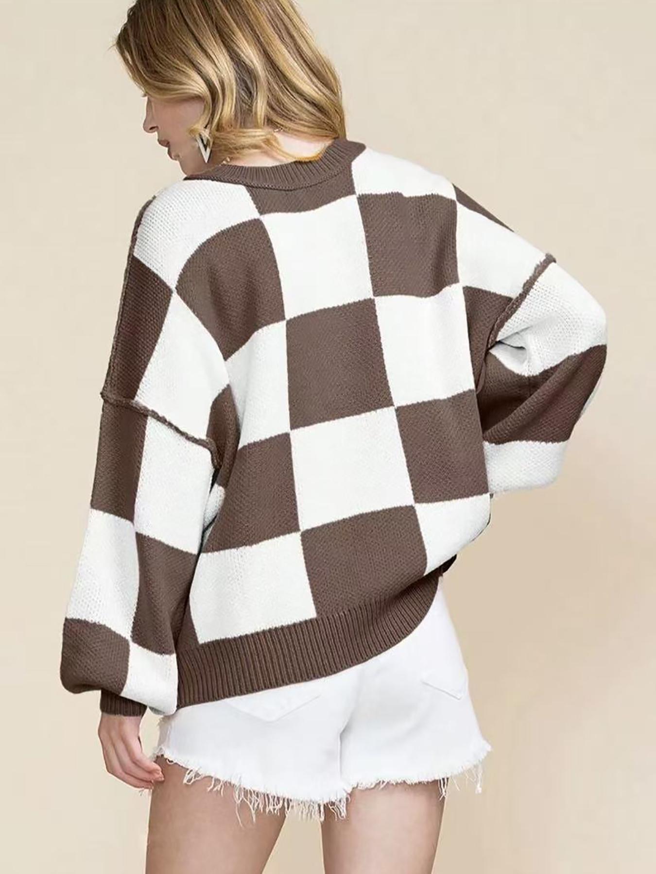 Women's Loose Fit Colorblock Sweater, Vintage Plaid Knit Pullover, Fall Winter Casual Round Neck Top, Elegant Patchwork Design, Womenswear