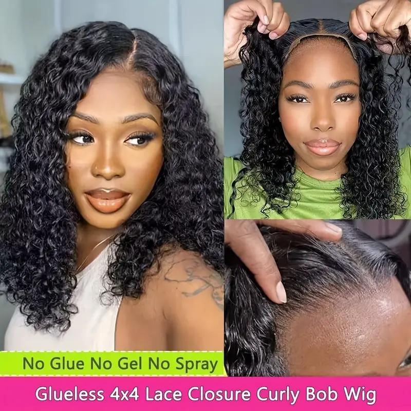 Short Curly Bob Wig Glueless Human Hair 4x4 Pre Cut Pre Bleached Pixie Cut Lace Closure Wig Ready To Wear Go Glueless Wig Water Wave Human Hair Lace Front Wigs