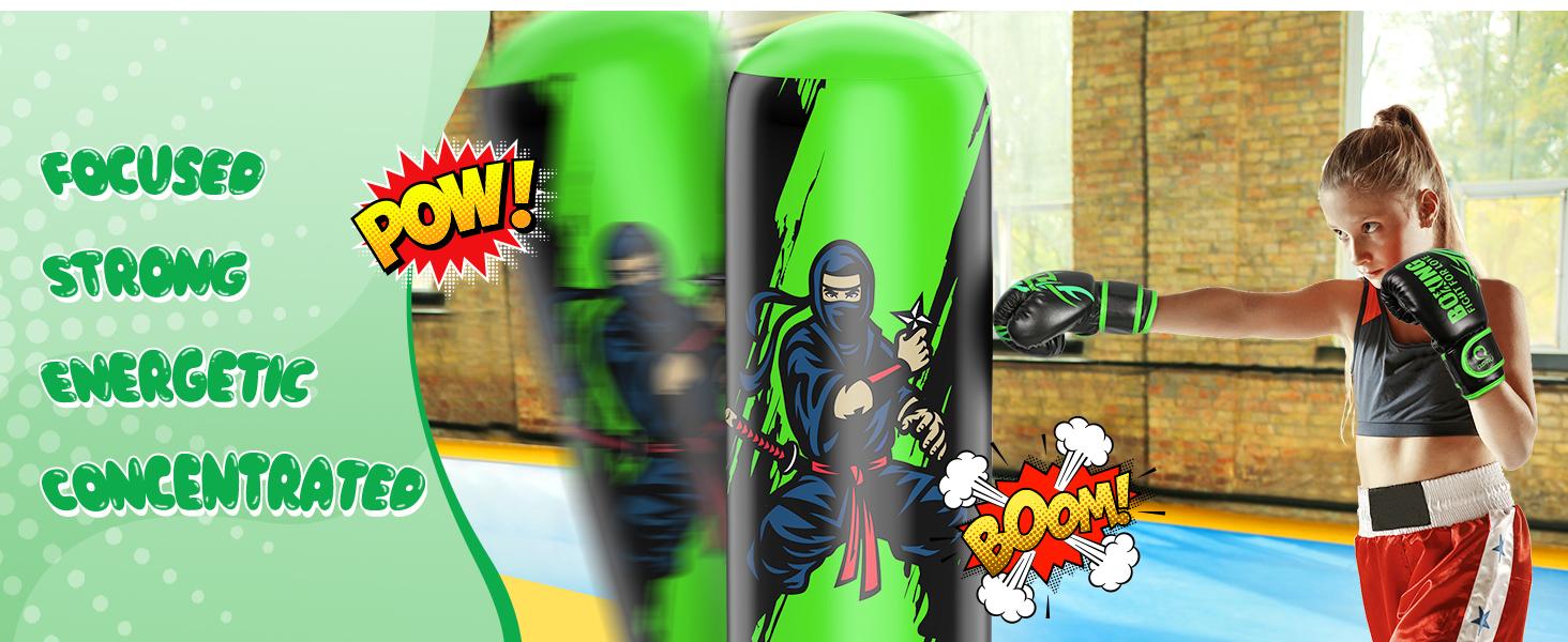 QPAU Premium PVC Kids Punching Bag 66 Inch Stable Inflatable Rebound Boxing Bag with Gloves Stand for Karate Taekwondo MMA Training Exercise Fitness Strength Fun Ages 6-12