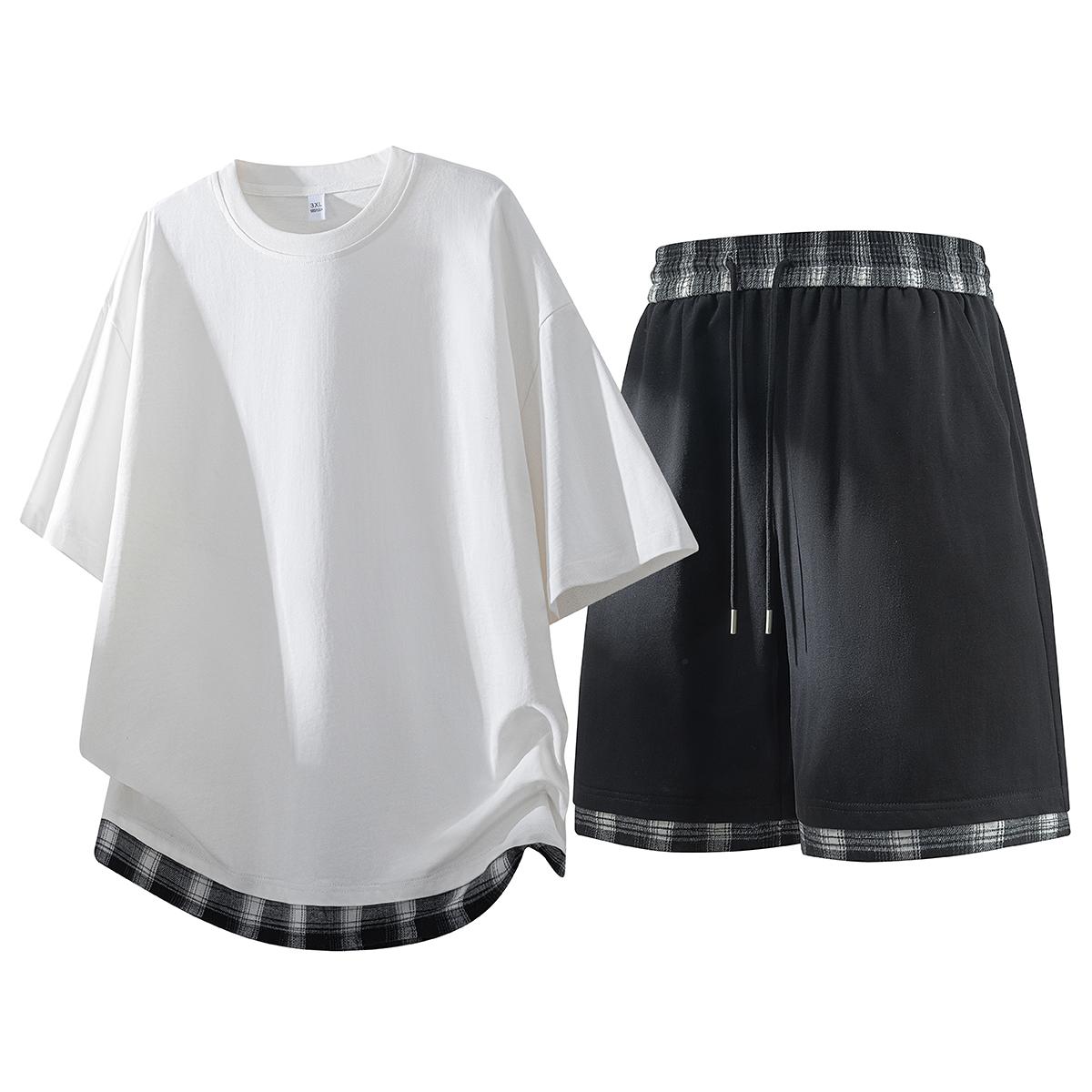 Plaid-Patchwork 2-Piece Set Mens Streetwear Casual Outfit with Contrast Plaid Hem, Elastic Waistband & Adjustable Drawstring for Daily Wear & Summer Outings