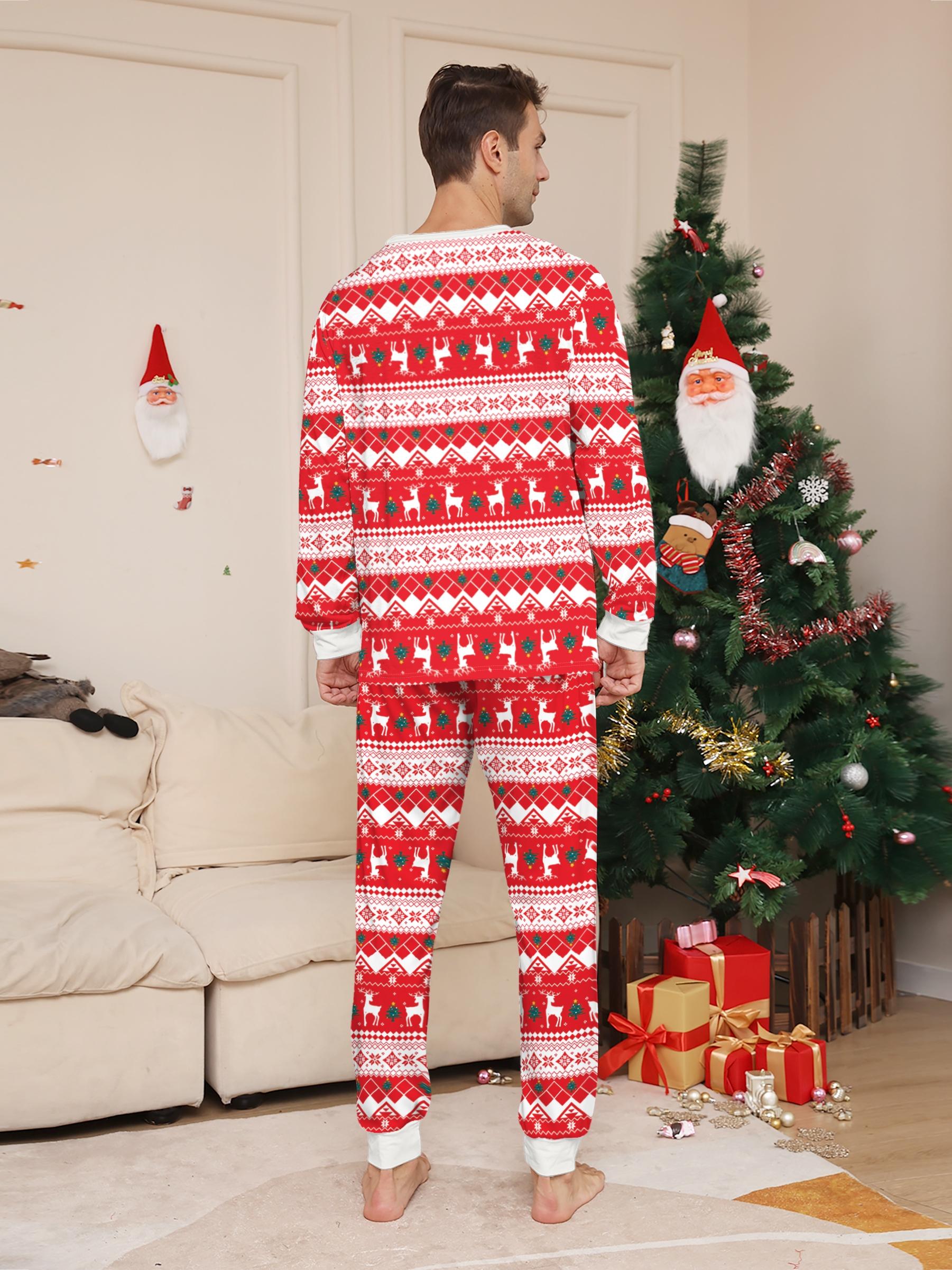 Red White Fair Isle Reindeer Snowflake Matching Family Christmas Pajama Set, All Over Print Crew Neck Long Sleeve Sleepwear with Cream Cuffs, Soft Cuffed Loungewear for Adults Kids Couple, Xmas Family Matching Outfits for Family of 3 & 4