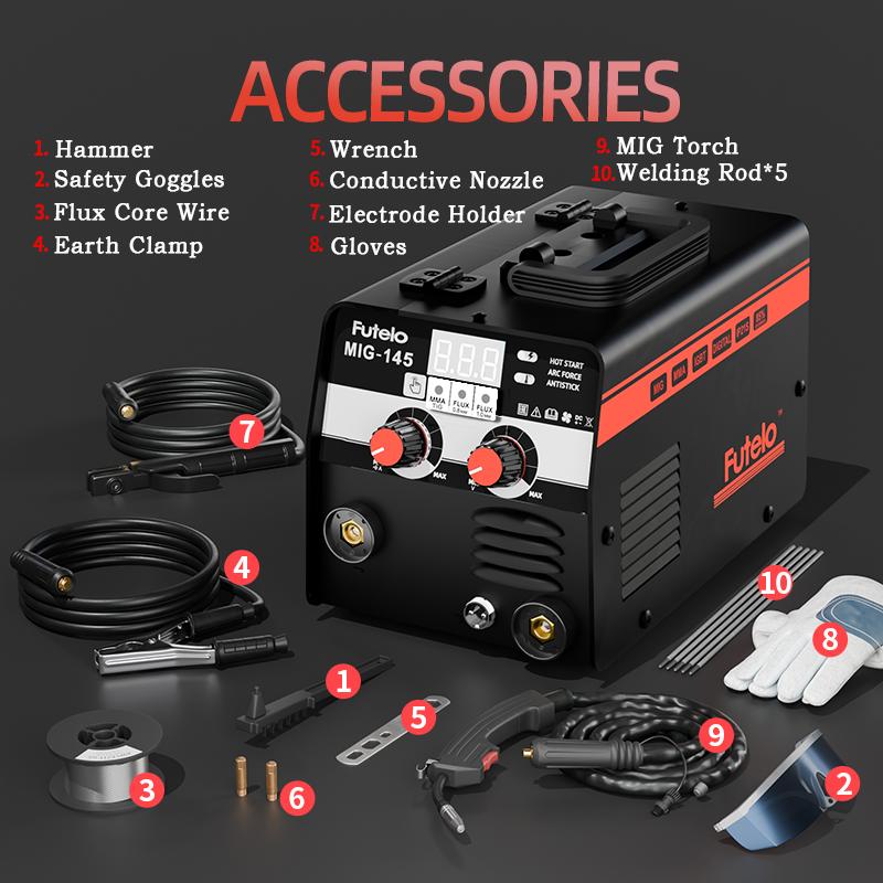 FUTELO MIG-145 145A 110V Flux Core MIG Welder Machine, Gasless MIG/Stick/Lift TIG 3-in-1 Welding Machine Portable Synergic Control IGBT Inverter FUTELO MIG-145 145A 110V Flux Core MIG Welder Machine, Gasless MIG/Stick/Lift TIG 3-in-1 Welding Machine Portable Synergic Control IGBT Inverter