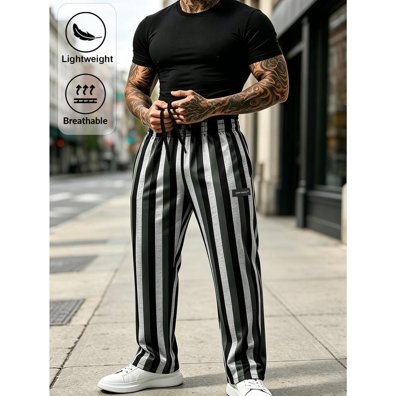Men's Autumn Vertical Striped Jogging Pants, Loose Wide Legs, Elastic Drawstring Waistband, Blue-green Black Multi-color Striped Pattern, Breathable Lightweight Material, Loose Wide Leg Pants, Suitable for Urban Street Style