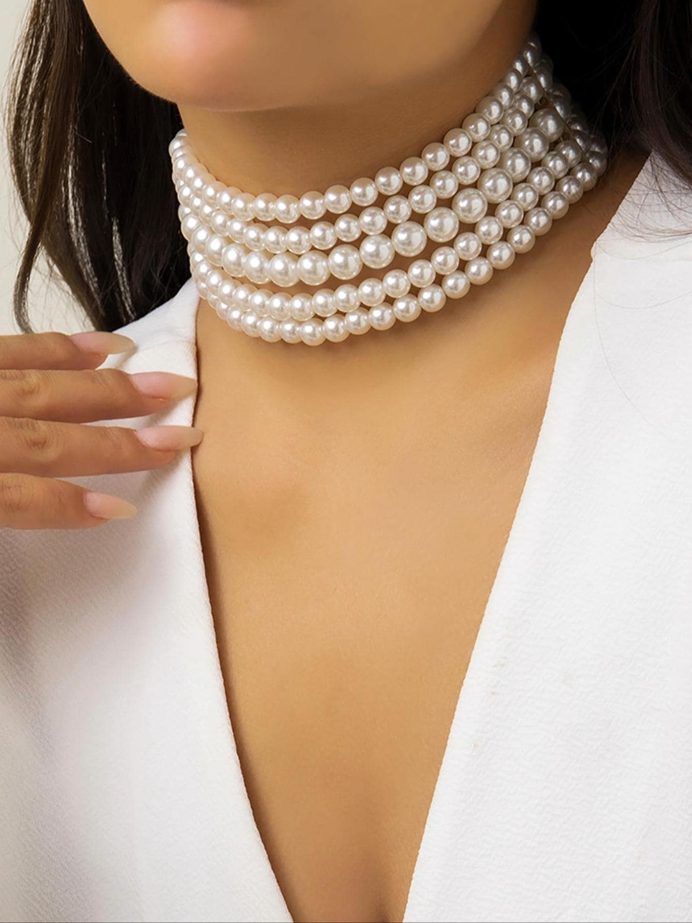 Faux Pearl Decor Choker Necklace, Elegant Women's Beaded Necklace Jewelry for Party, Daily Clothing Decor for Girl