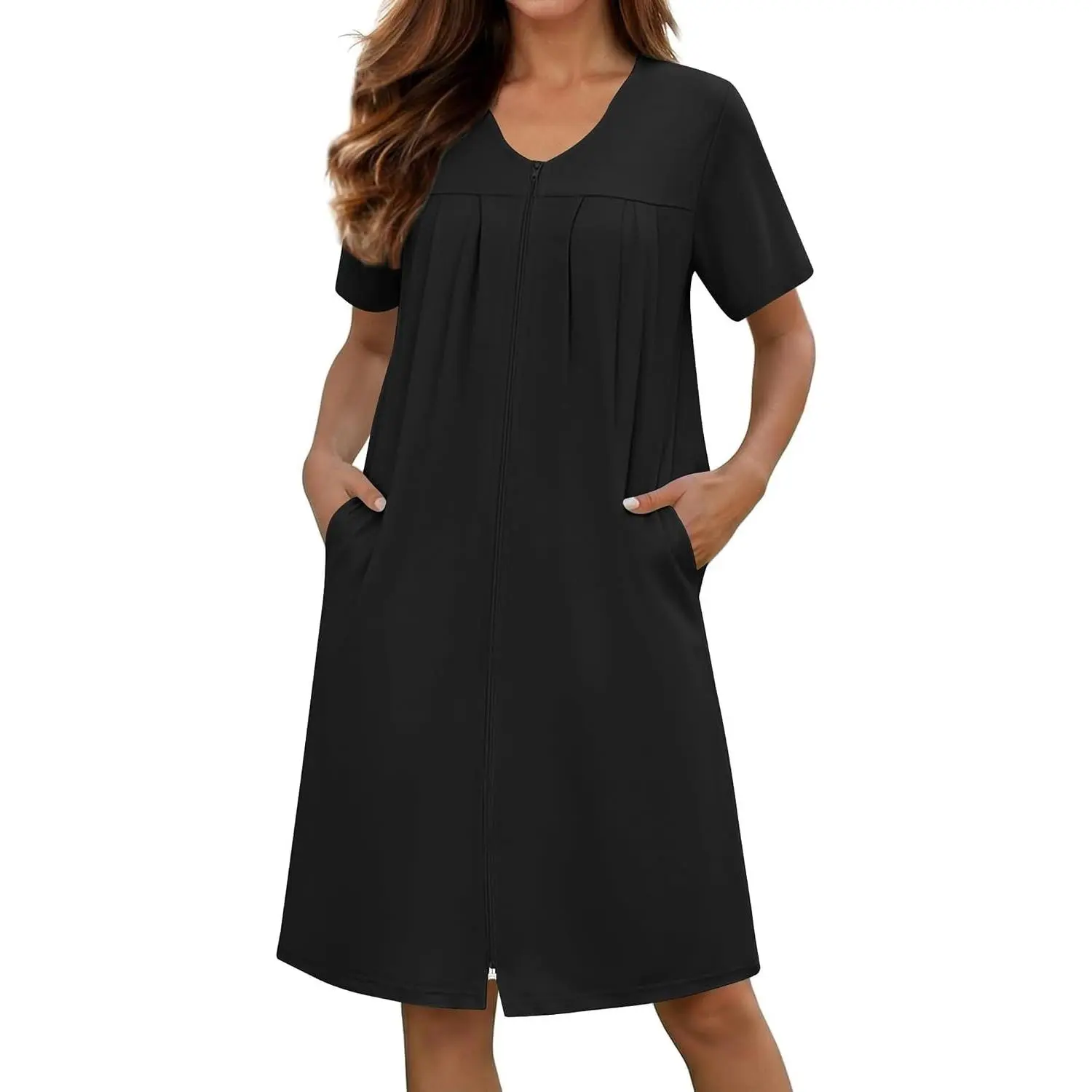 Zipper Robes for Women Short Knit Bathrobes Lightweight Knee Length Housecoat with Pockets Nightgown S-3XL