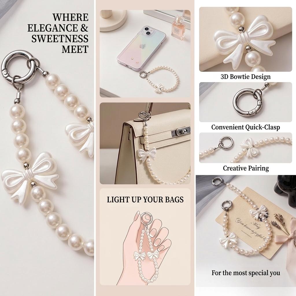 Elegant Pearl Bow Bag Charm & Phone Wristlet, Luxury Faux Pearl Handbag Pendant, Aesthetic Crystal Bow Keychain Accessory, Perfect Birthday Christmas Valentine's Day Gift for Women Girls, Trendy Bag Decor for Tote Backpack