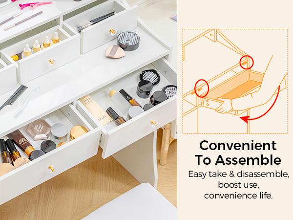 COMHOMA Makeup Vanity Desk with Mirror and Lights, Vanity Table and Chair Set with 5 Drawers and Charging Station, Bedroom Dresser LED Mirror Stepless Dimmable & 3 Color Modes Adjustable, Pure White