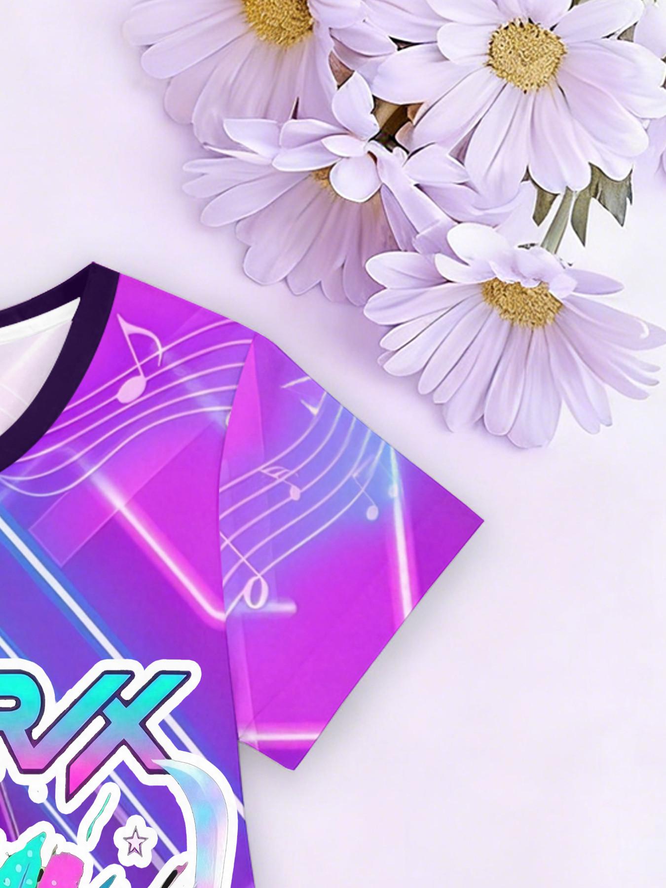 Girls' 3D Short Sleeve Dress, K-Pop Demon Hunters Neon Stage Print, Summer Party Wear, Perfect for Gifts and Birthdays