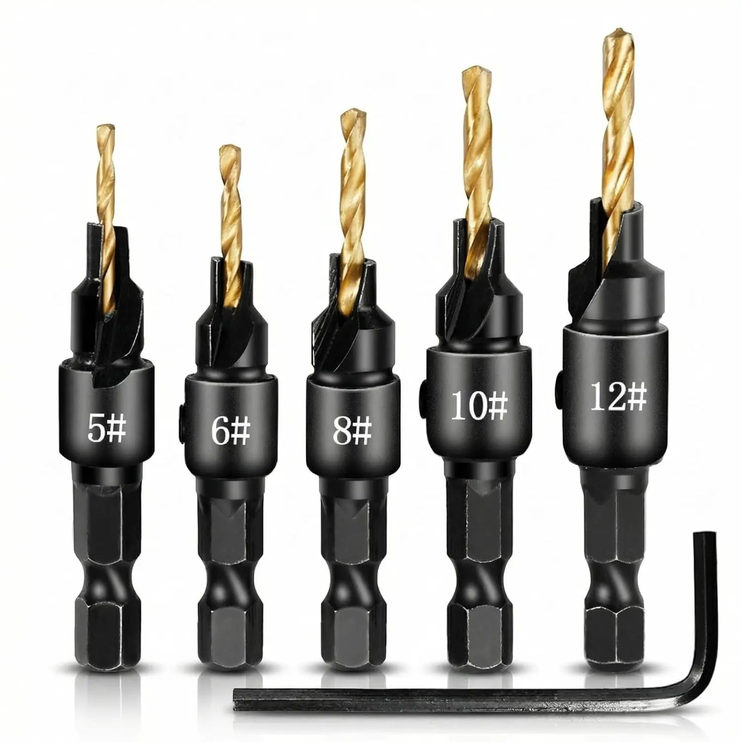 GJANSH 5PCS Countersink Drill Bit Set, Professional Brocas para Madera - Adjustable Wooden Drill Bit Set, Used for Wood Countersink Drill Bit with Depth Stop,Summervibes,fathersdaygift toolupgrade