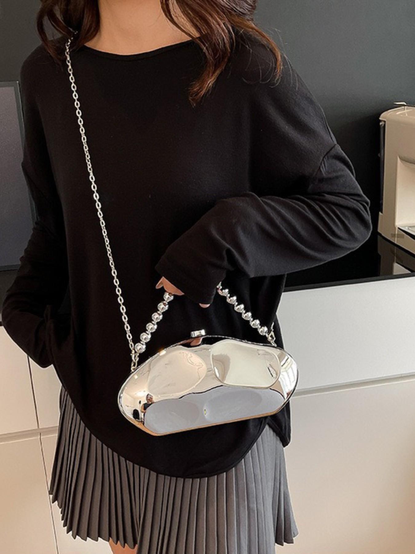 Elegant Acrylic Shoulder Clutch, Cute New Fashion Evening Bag, Luxury Crossbody Bag, Silver Gold Bead Handbag, Small Oval Shiny Handheld Bag, Trendy Chain Multi-Use Bag