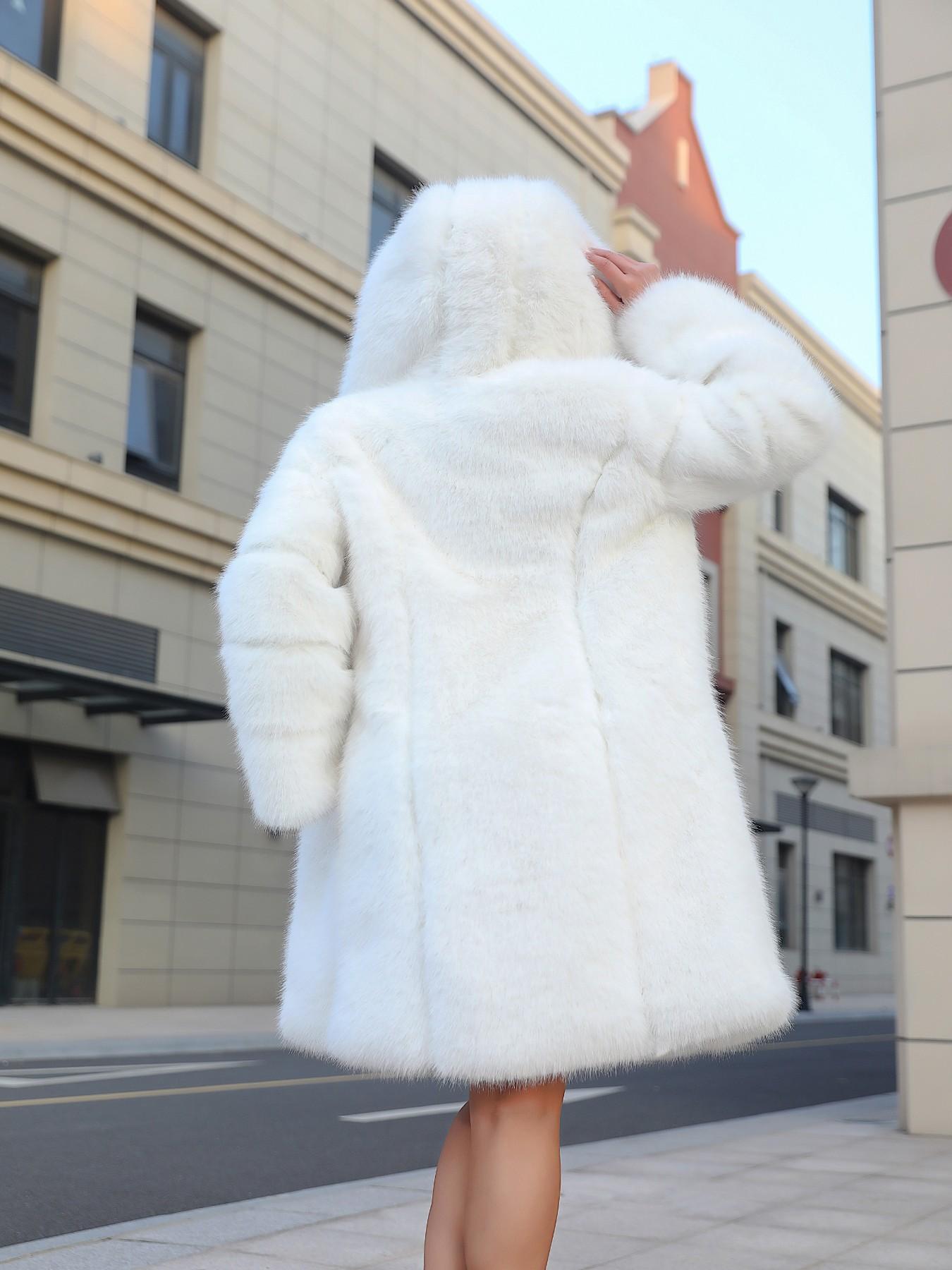 Women's Hooded Faux Fur Coat, Loose Mid-Length Plush Jacket, Soft Puffy Texture, Warm Winter Outerwear for City Street Style