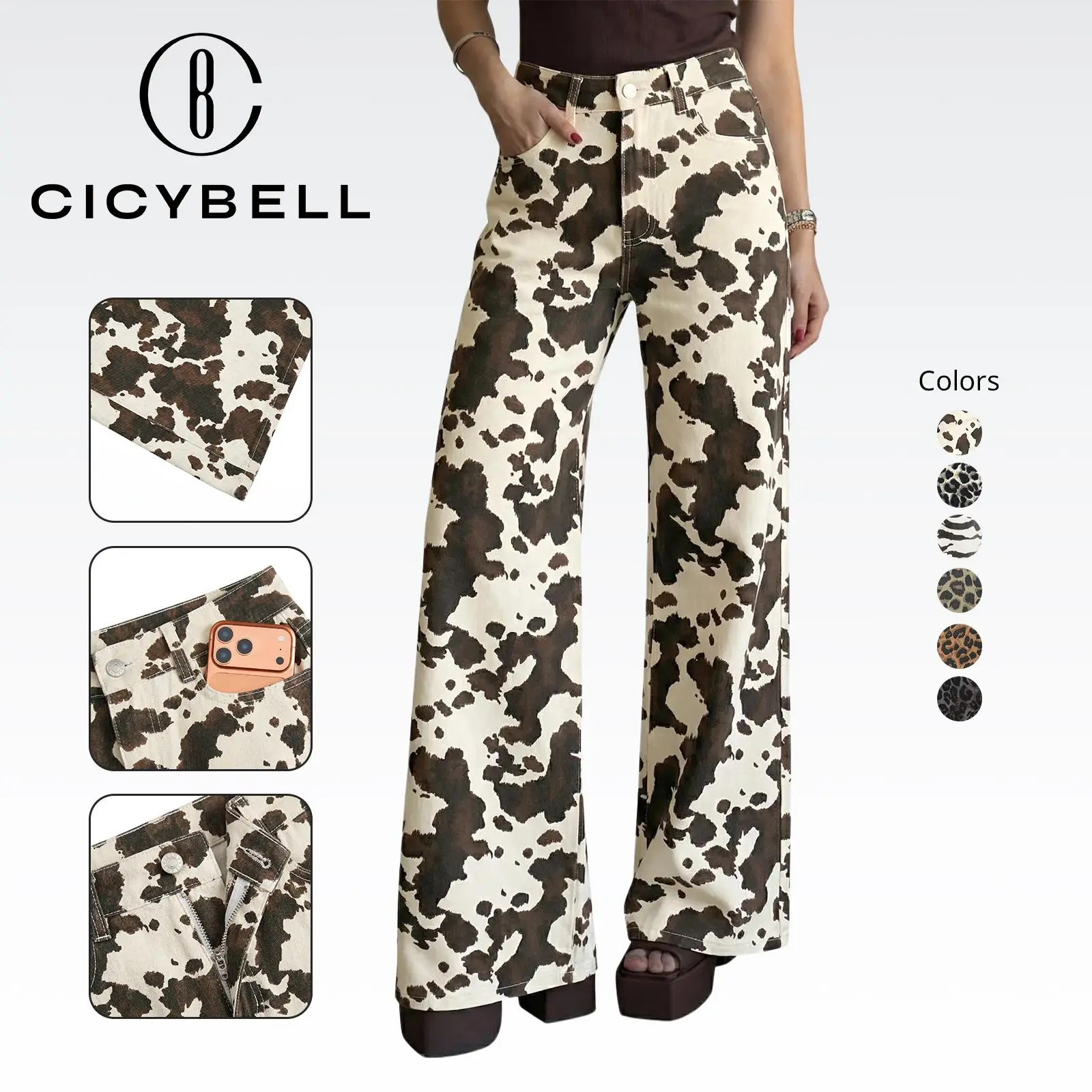 Cicy Bell Womens Wide Leg Jeans High Waisted Leopard Baggy Stretchy Denim Pants with Pockets